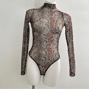 NEW Fashion Nova Bodysuit SMALL Multi-Color Snakeskin Print Sheer Mock Neck